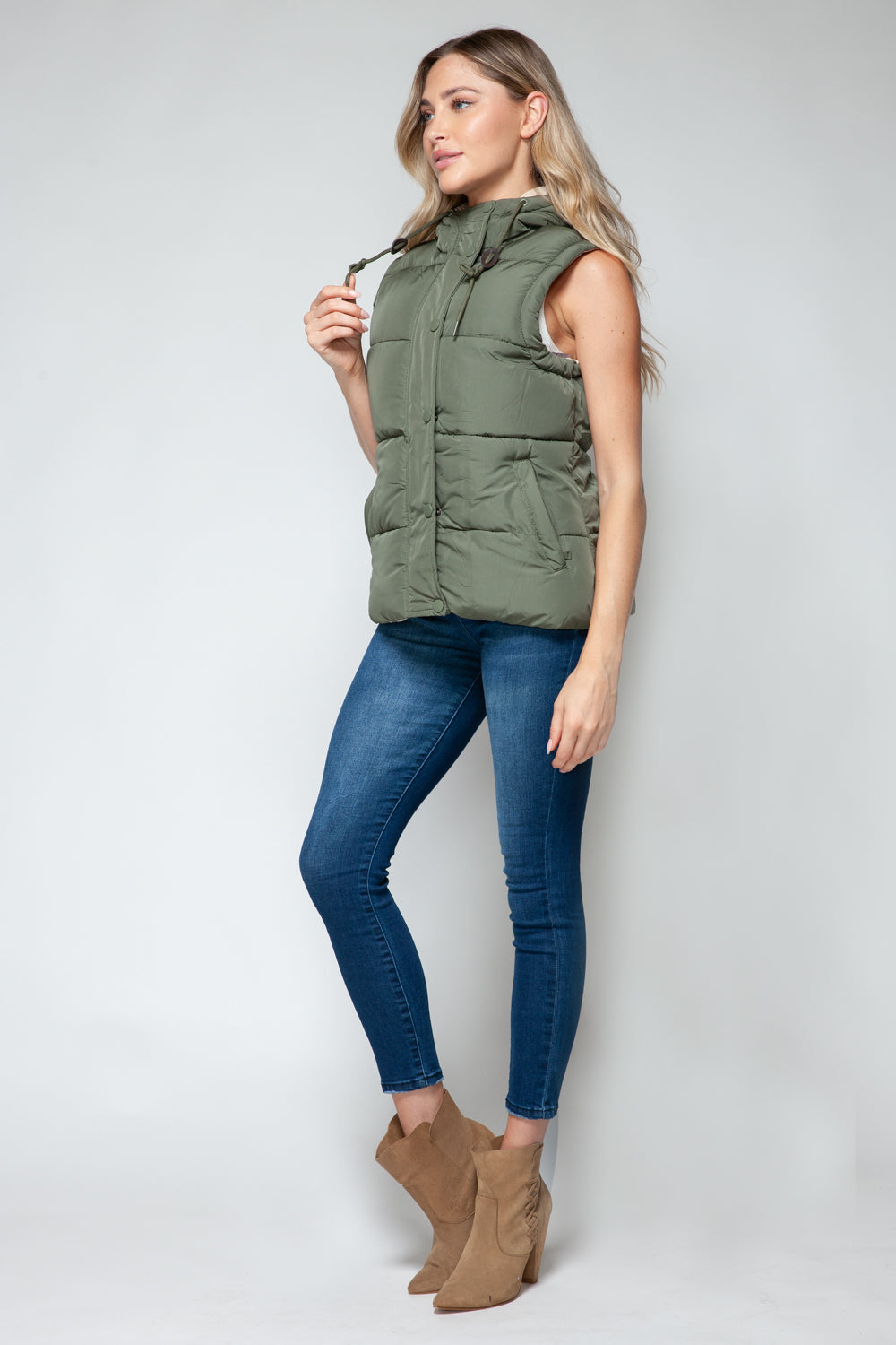 Snobbish Snap and Zip Closure Hooded Vest - Light Olive