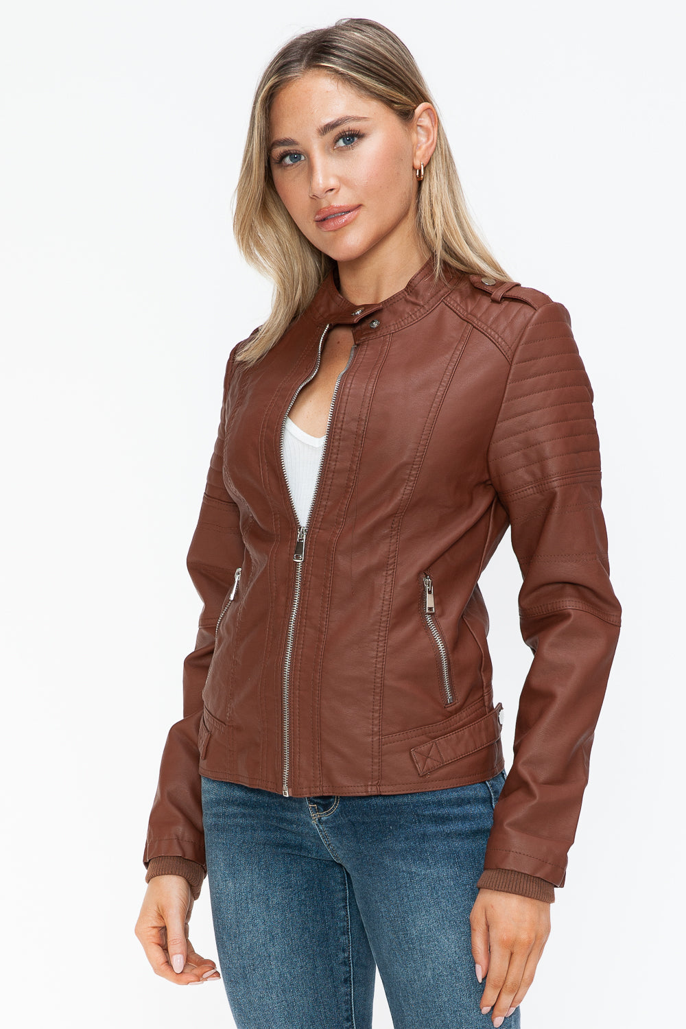 Snobbish PU Leather Biker Jacket with Side Zip Pockets- Brandy