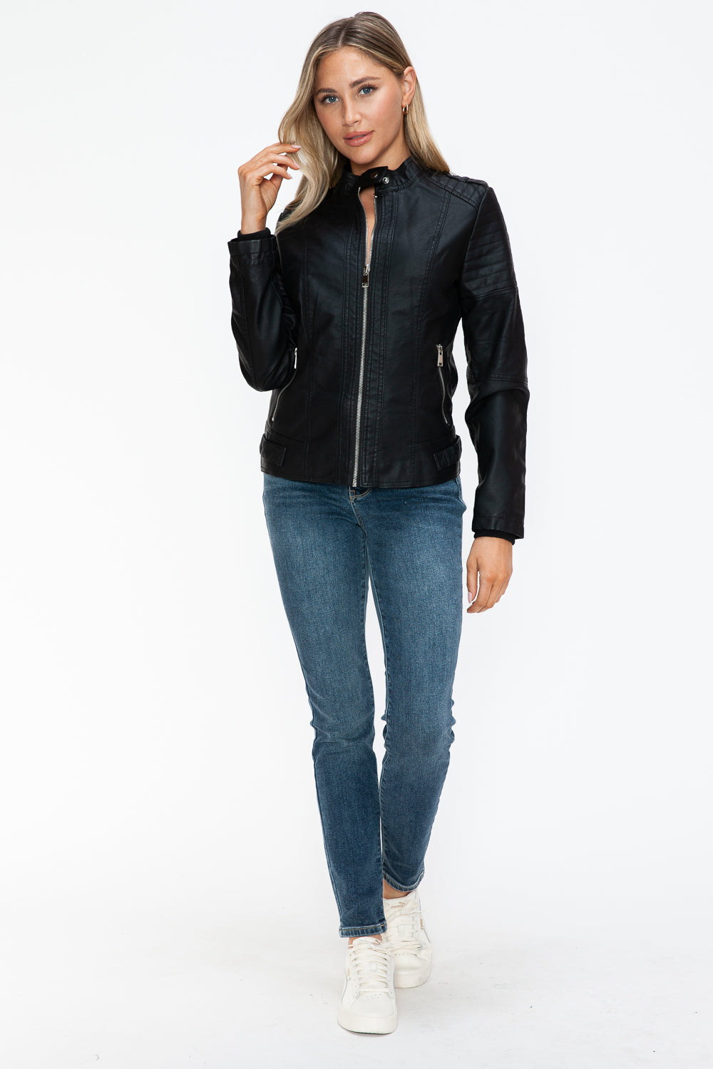 Snobbish PU Leather Biker Jacket with Side Zip Pockets- Black