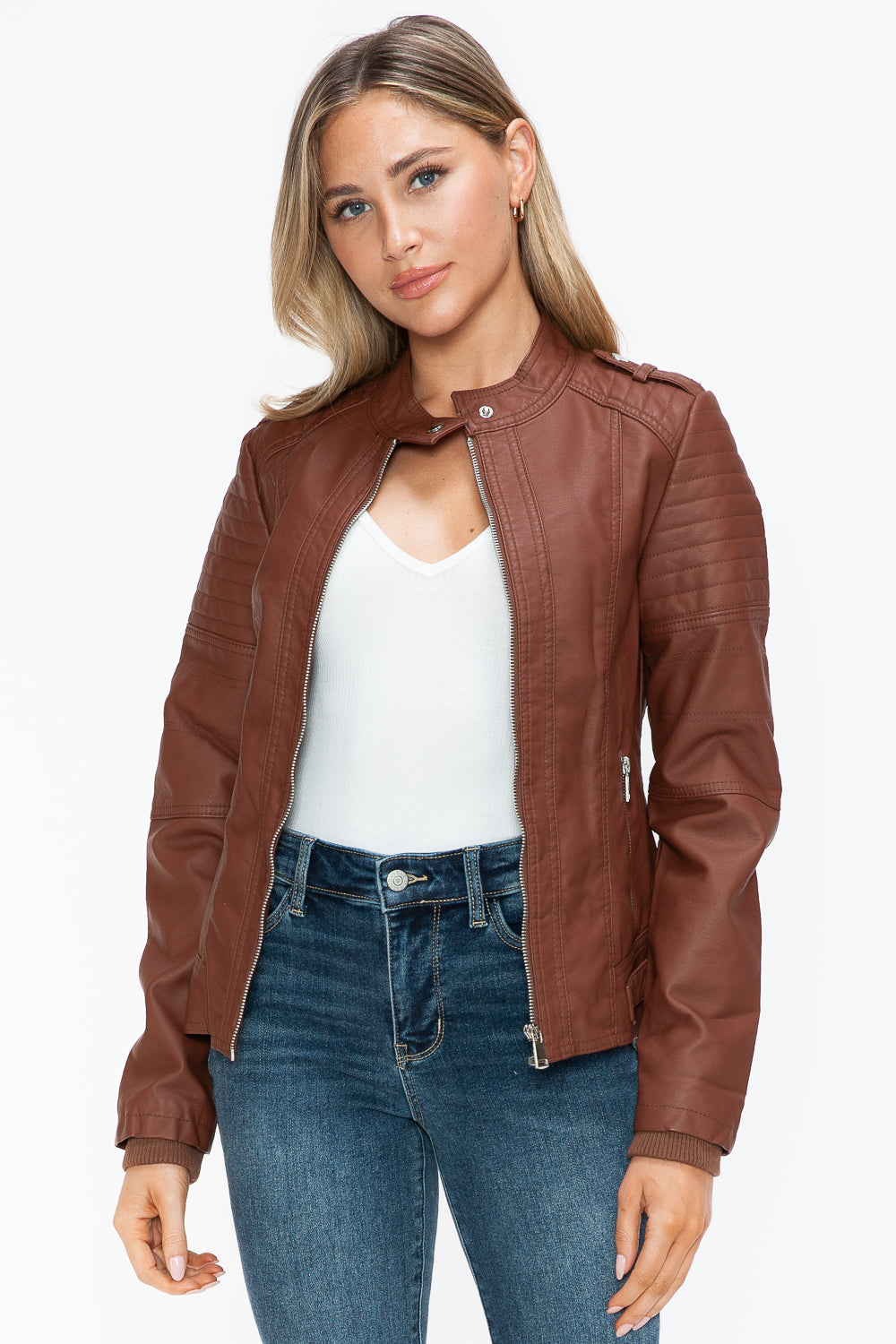 Snobbish PU Leather Biker Jacket with Side Zip Pockets- Brandy