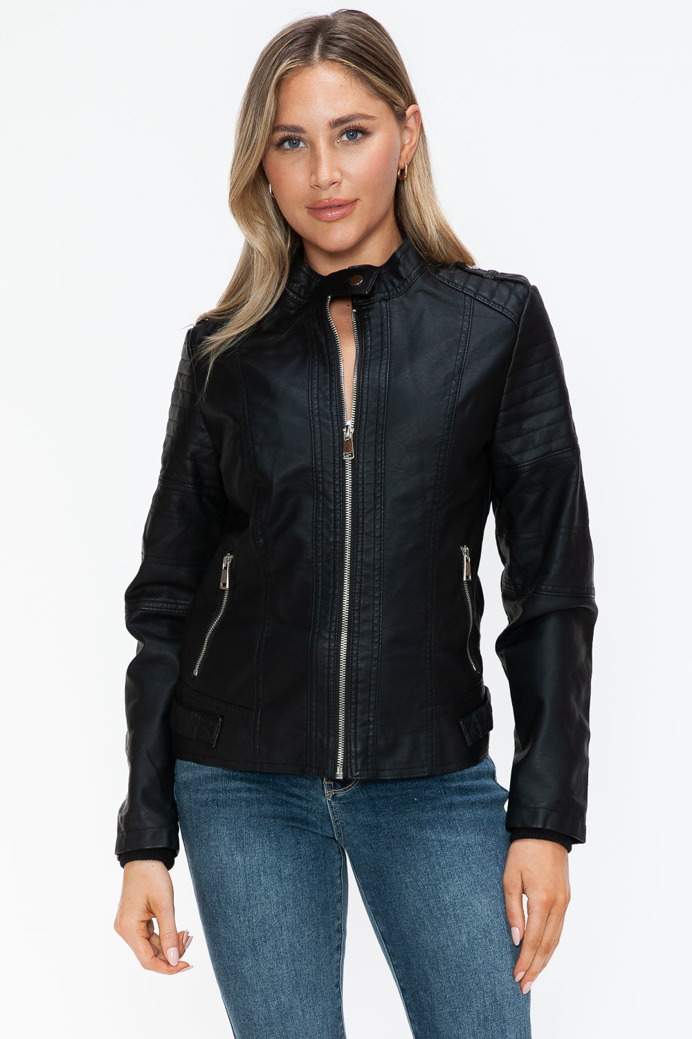 Snobbish PU Leather Biker Jacket with Side Zip Pockets- Black